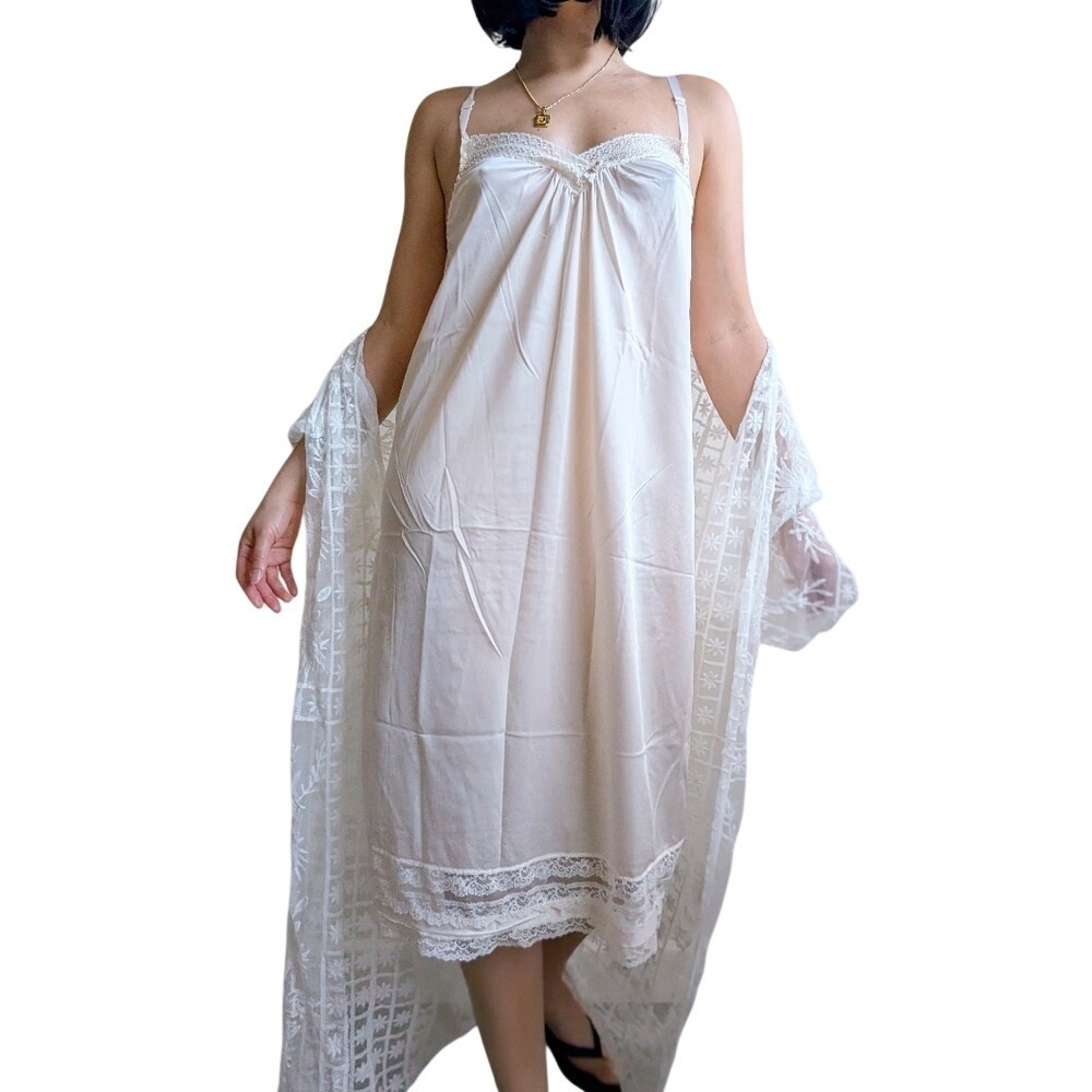 Mary Jane Vintage 80s Coquette Lace Satin Boudoir Lace Trim Slip Midi Dress